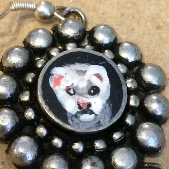 Ferret Earrings Handpainted Danglers Silvertone Metal Long Polecat Pet Artisan - Picture 2 of 12